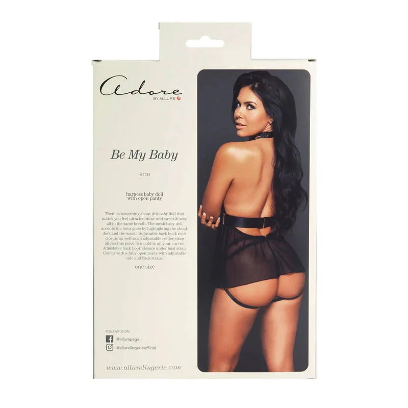 Adore by Allure - Be My Baby - Harness Baby Doll with Open Panty - Black - OS - Whispered Fantasies