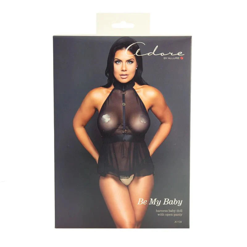 Adore by Allure - Be My Baby - Harness Baby Doll with Open Panty - Black - OS - Whispered Fantasies