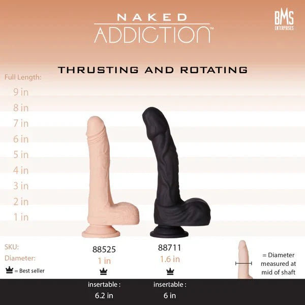 Naked Addiction – 8.6” Silicone Rotating & Thrusting Vibrating Dildo with Remote - Noir - Whispered Fantasies