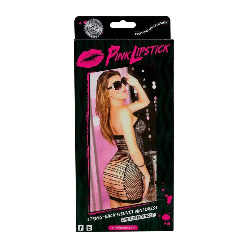 Pink Lipstick String - Back Fishnet Mini Dress - Black - One Size - Whispered Fantasies