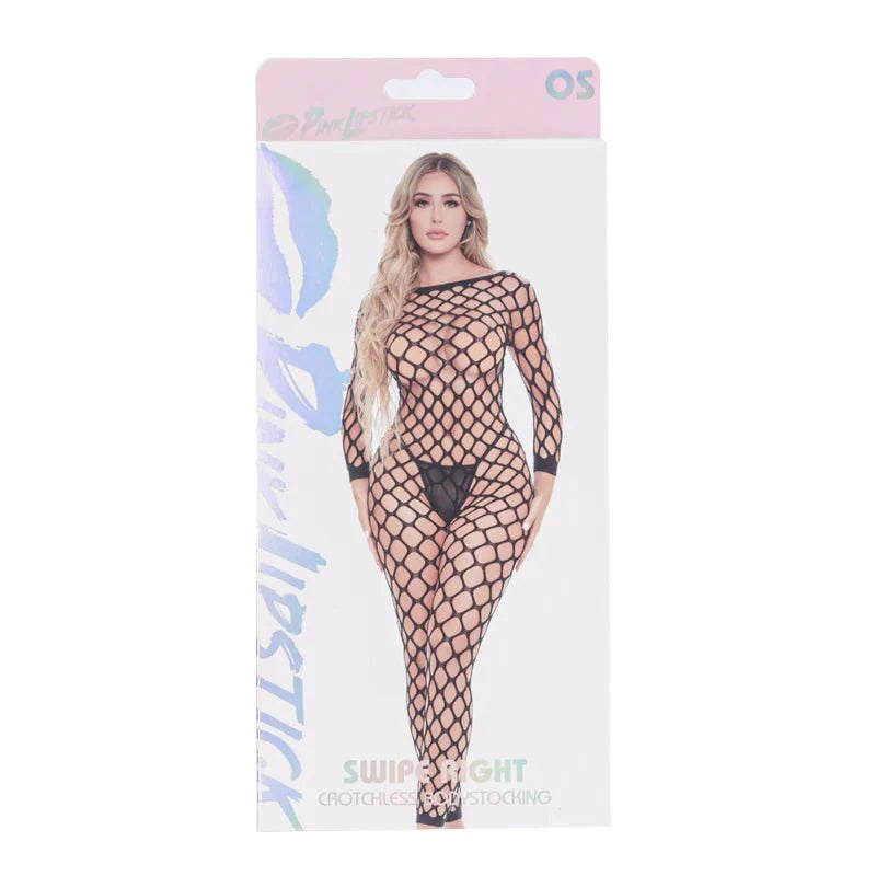 Pink Lipstick Swipe Right Crotchless Bodystocking - Black - Whispered Fantasies
