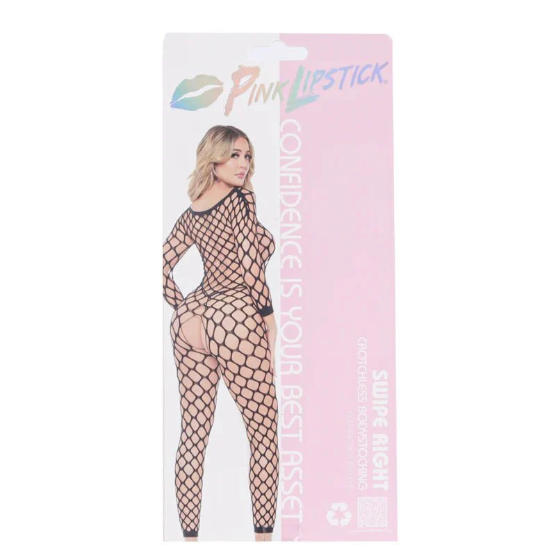 Pink Lipstick Swipe Right Crotchless Bodystocking - Black - Whispered Fantasies
